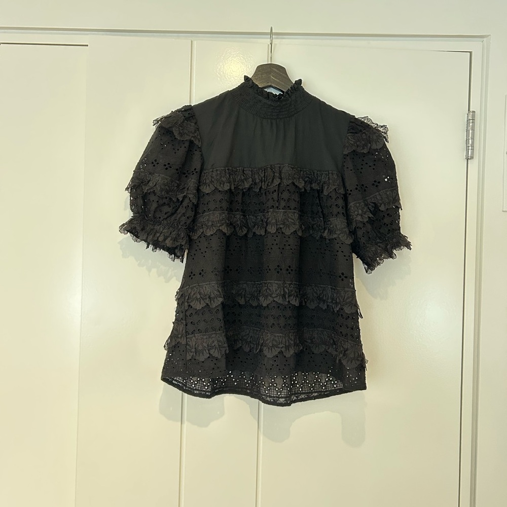 English Factory Black Lace and Eyelet Ruffle Blouse